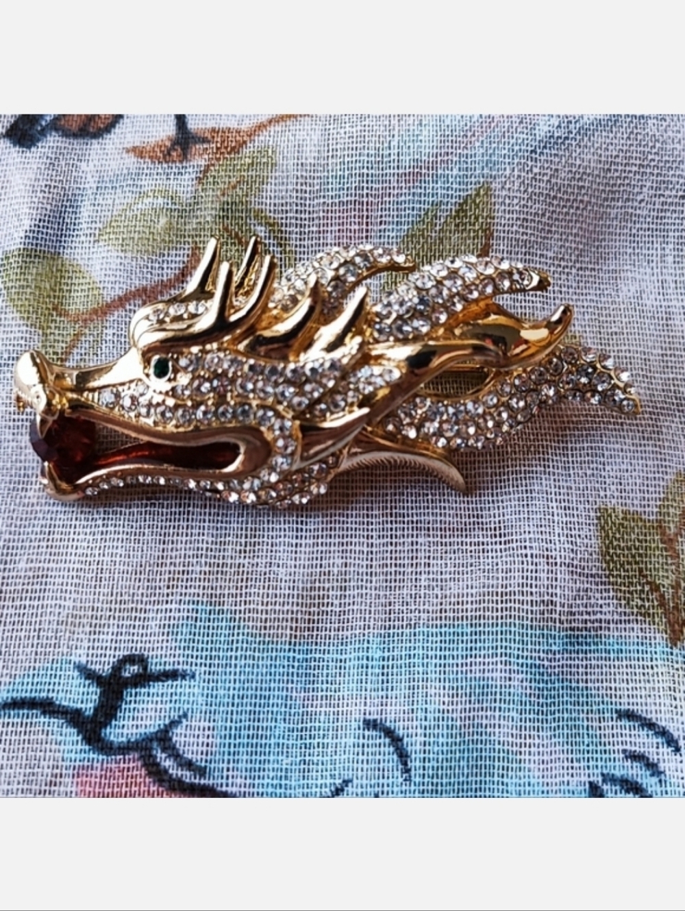 Asian DRAGON Rhinestone Encrusted Brooch Gold Wash Fierce Emerald Stone Eyes